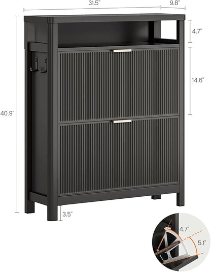 AOGLLATI Shoe Cabinet Storage,Narrow Fluted Shoe Rack Cabinet with 2 Flip Drawers, Wooden Freestanding Organizer with Open Storage Space for Entryway,Black