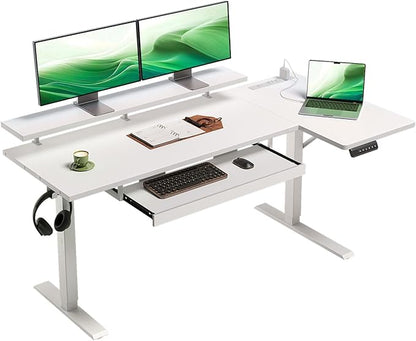 OffiGo 55 Inch Electric L Shaped Standing Desk with Keyboard Tray, Reversible Height Adjustable Corner Computer Desk with Monitor Stand, Sit Stand Up Lift Table for Home, Office, White
