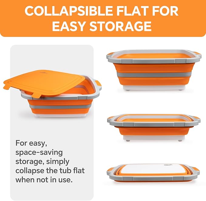 Collapsible BBQ Prep Tub for Meal Prep, Marinating, and Food Storage - Includes Cutting Board and Locking Lid,Ideal Gifts for Christmas,Dad,mother (X-Large) Orange