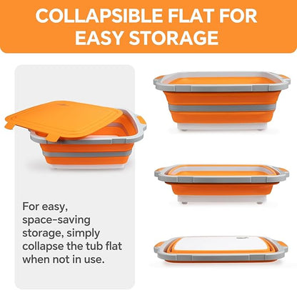 Collapsible BBQ Prep Tub for Meal Prep, Marinating, and Food Storage - Includes Cutting Board and Locking Lid,Ideal Gifts for Christmas,Dad,mother (X-Large) Orange