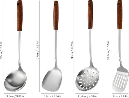304 Stainless Steel Kitchen Utensils Set, 4 Pcs Long Cooking Utensils Set with Wooden Handle, Large Heat Resistant Kitchen Tools(Dishwasher Safe)