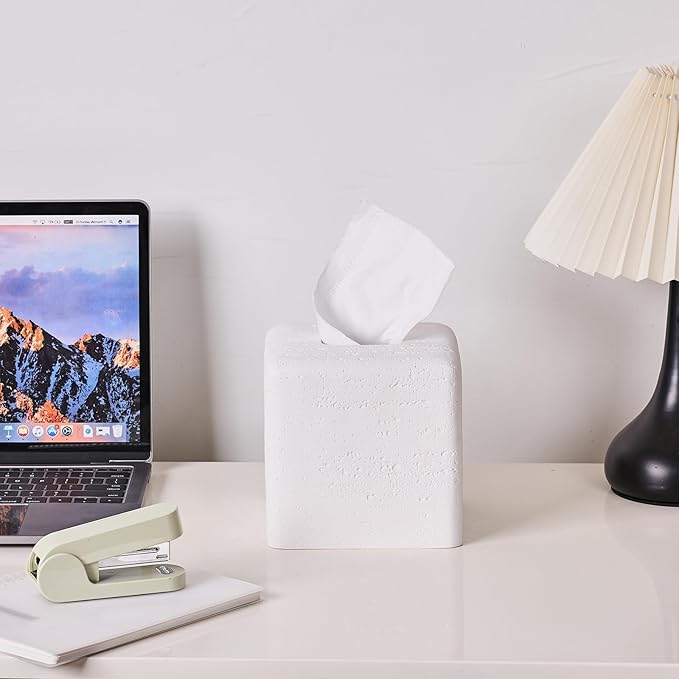 White Natural Travertine Textures Square Tissue Box Cover Holder, Resin Tissue Box Holder Decorative for Bathroom, Vanity, Kitchen Countertop, Bedroom Night Stands, Office Desk Top
