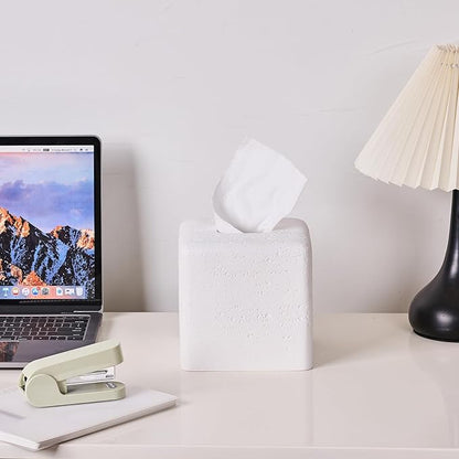White Natural Travertine Textures Square Tissue Box Cover Holder, Resin Tissue Box Holder Decorative for Bathroom, Vanity, Kitchen Countertop, Bedroom Night Stands, Office Desk Top