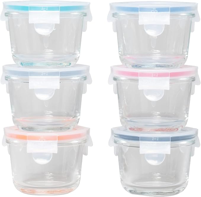 GENICOOK Borosilicate Glass Small Baby-Size Meal and Food Storage Containers, Round Shape - 12 pc Set (6 Containers - 6 Matching Lids)