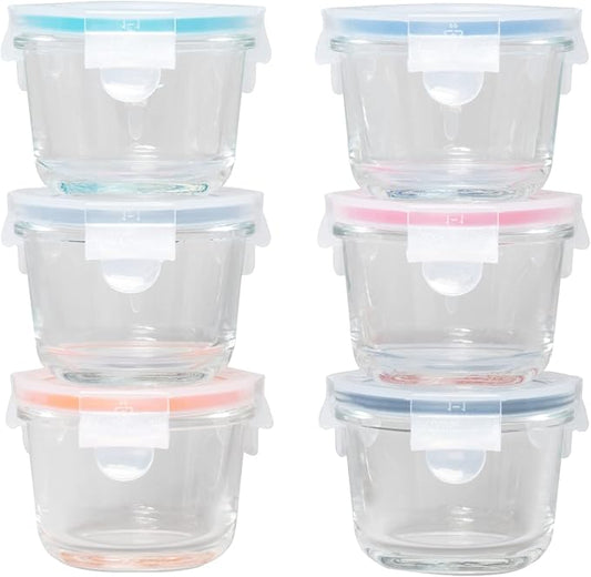 GENICOOK Borosilicate Glass Small Baby-Size Meal and Food Storage Containers, Round Shape - 12 pc Set (6 Containers - 6 Matching Lids)