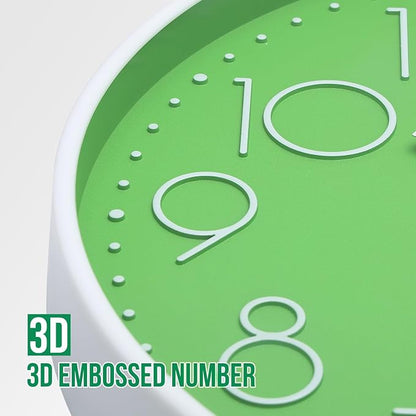 Wall Clock 12 Inch Non-Ticking Silent Modern Simple Style Round Decor Clock Green Stereoscopic Dial Quartz Wall Clocks for Home/Office/School/Living Room/Bedroom/Kitchen