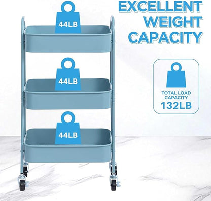 AGTEK Makeup Cart, Movable Rolling Organizer Cart, Grey-Blue 3 Tier Metal Utility Cart