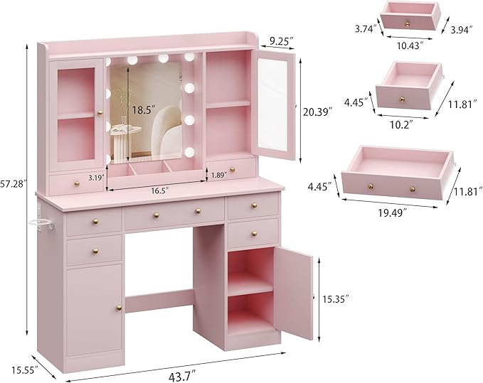 Vanity Desk with Mirror and Lights, Pink Vanity with Lighted Mirror & Power Outlet and 7 Drawers, 3 Color Modes Adjustable, Makeup Dressing Table Set with Lights for Girls Women