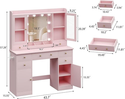 Vanity Desk with Mirror and Lights, Pink Vanity with Lighted Mirror & Power Outlet and 7 Drawers, 3 Color Modes Adjustable, Makeup Dressing Table Set with Lights for Girls Women