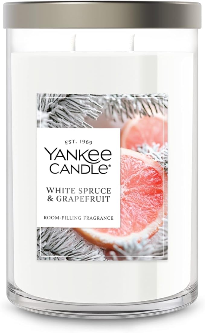 Yankee Candle Large Tumbler Scented Candle with up to 80 Hour Burn Time, Premium Plant Wax Blend for Consistent Burn, 20 oz Tumbler Candle with Room Filling Fragrance, White Spruce & Grapefruit