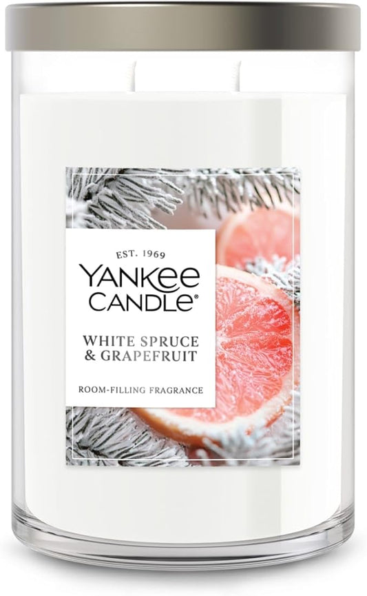 Yankee Candle Large Tumbler Scented Candle with up to 80 Hour Burn Time, Premium Plant Wax Blend for Consistent Burn, 20 oz Tumbler Candle with Room Filling Fragrance, White Spruce & Grapefruit