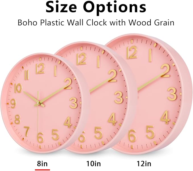 HZDHCLH Wall Clocks Battery Operated,Wall Clock Pink Gold 8 inch Wall Clock Silent Non Ticking Modern 3D Numbers for Office Kitchen Classroom Bedroom Living Room Decor