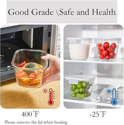H.JSS WDJS 4 Cup Square Glass Food Storage Container with Lids, Square Glass Soup Container with Airtight Lids, 32 OZ Food Prep Bowls for Leftovers, Salad, Microwave、Fridge、Dishwasher Safe (4 Pack)