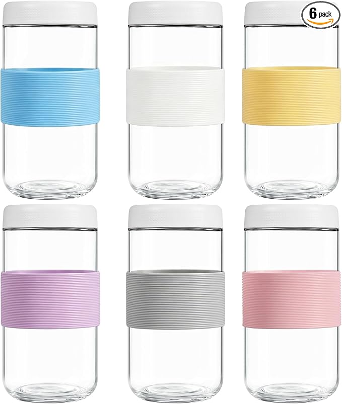 24 oz (6 Pack) Overnight Oats Containers with Airtight Lids and Silicone Sleeves - Perfect for Overnight Oats, Salad, Yogurt, Snacks, Pickles - Leakproof and Reusable Glass Food Storage Containers