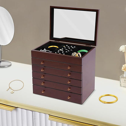 Wood Jewelry Box 6-Tier Large Jewelry Organizer Cabinet with 5 Drawers Women Girls Storage Display Case for Necklace Rings Earrings Accessories, with Mirror and Lock (With Mirror)