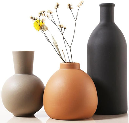 Ceramic Vase Set of 3 - Handcrafted Ceramic Vases for Home Decor & Shelf - Modern Farmhouse Decor for Kitchen, Office, Bedroom & Living Room Decorative Objects for Mantel, Table Centerpieces