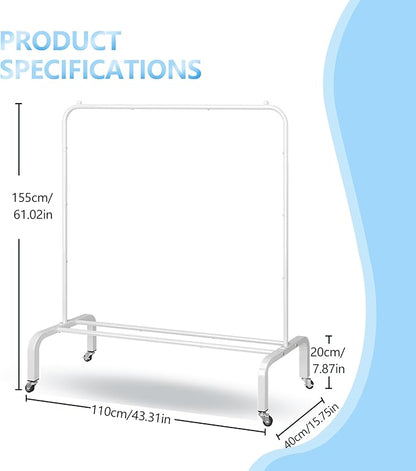 JIUYOTREE Metal Clothing Rack with Wheels, 43.3 Inches Rolling Clothes Garment Coat Rack with Bottom Shelf, Clothing Rack for Hanging Clothes, Coats, Skirts, Shirts, Sweaters, White