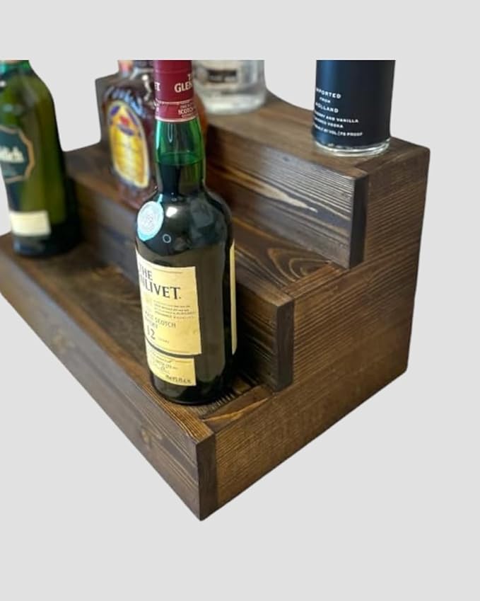 Handmade Tiered Display Shelving - Three Tier Bar Display - Bar Organizer - Liquor Bottle Display (12" without Back, Dark Walnut)