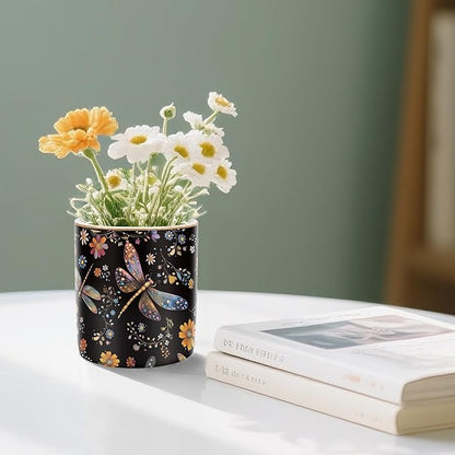WAVEYU Pen Holder, Pencil Cup for Desk, Cute Makeup Brush Holder, Durable Ceramic Organizer Decor for Room, Office, Classroom, Cute Dragonfly Pattern