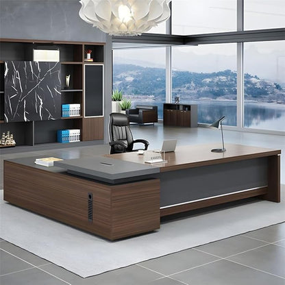 NIUYAO L-Shape Executive Computer Desk with Drawers - Brown/Grey Modern Writing Table with Storage Shelves - 63" L x 71" W x 29.5" H (Right)