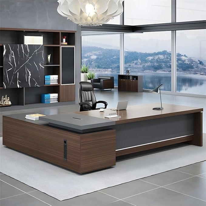 NIUYAO L-Shape Executive Computer Desk with Drawers - Brown/Grey Modern Writing Table with Storage Shelves - 79" L x 71" W x 29.5" H (Right)
