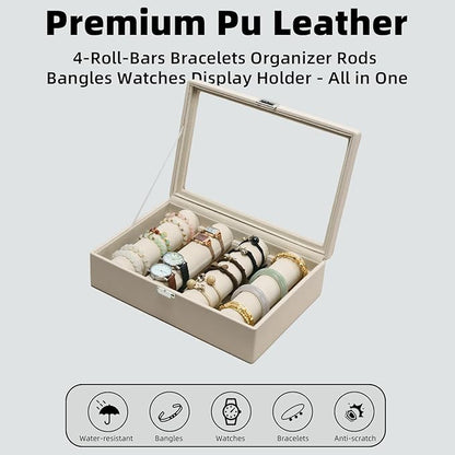 Bracelets Organizer Rods Bangles Display Holder, Clear See through Lid Leather Velvet Jewelry Storage Box Case for Women, 4 Rods Apricot Leather