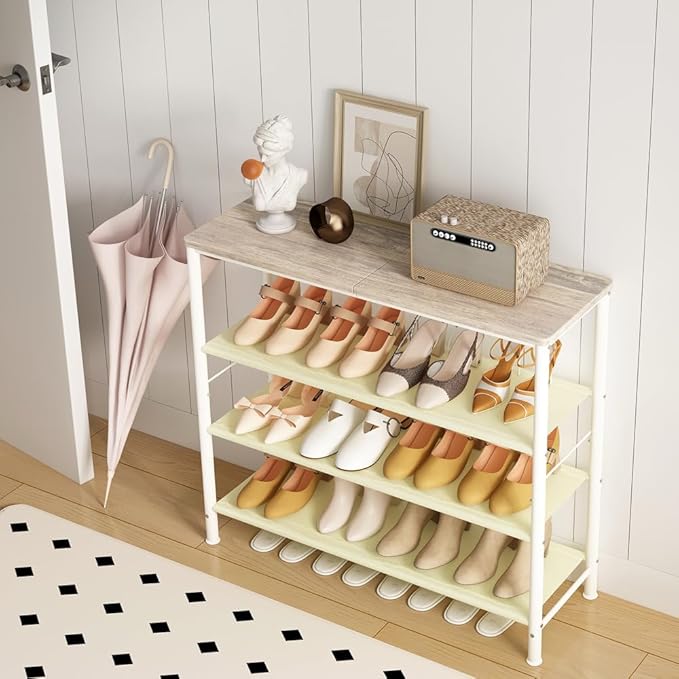 Shoe Rack Organizer 5 Tier Metal Organizer Shelf with Industrial MDF Board and Layer Fabric for Entryway Closet Bedroom Living Room Garage (White, 4 Tier)