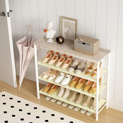Shoe Rack Organizer 5 Tier Metal Organizer Shelf with Industrial MDF Board and Layer Fabric for Entryway Closet Bedroom Living Room Garage (White, 4 Tier)