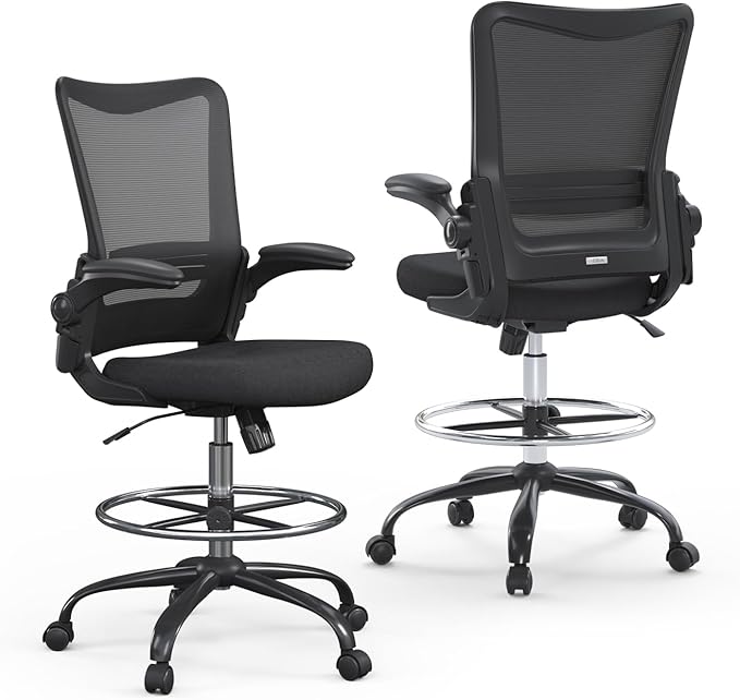 Ergonomic Drafting Chair for Standing Desk, Tall Office Chair with Height Adjustable Arms & Foot Ring, High Back Mesh Counter Stool with Rocking Function