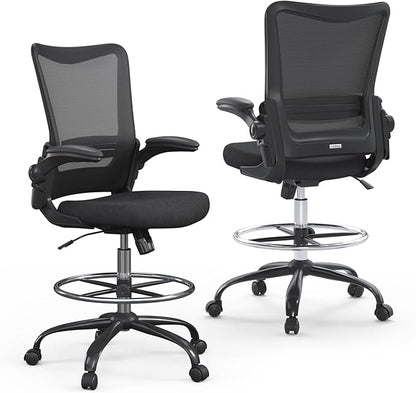 Ergonomic Drafting Chair for Standing Desk, Tall Office Chair with Height Adjustable Arms & Foot Ring, High Back Mesh Counter Stool with Rocking Function