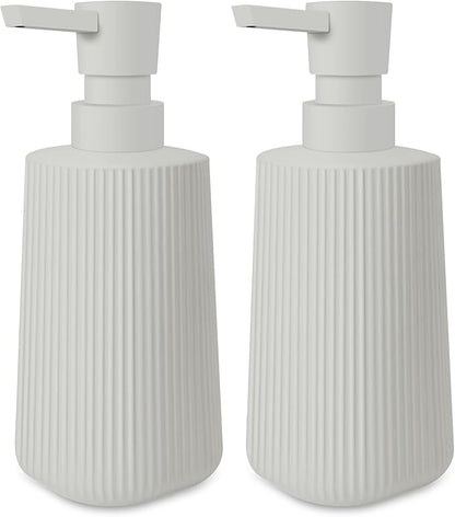 2 Pack Glass Small Soap Dispenser for Bathroom and Kitchen 250ml/8.5oz Dish Soap Dispenser Modern Farmhouse Striped Style Hand Soap Dish Soap Dispenser with Pump (Beige)