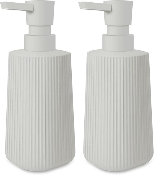 2 Pack Glass Small Soap Dispenser for Bathroom and Kitchen 250ml/8.5oz Dish Soap Dispenser Modern Farmhouse Striped Style Hand Soap Dish Soap Dispenser with Pump (Beige)