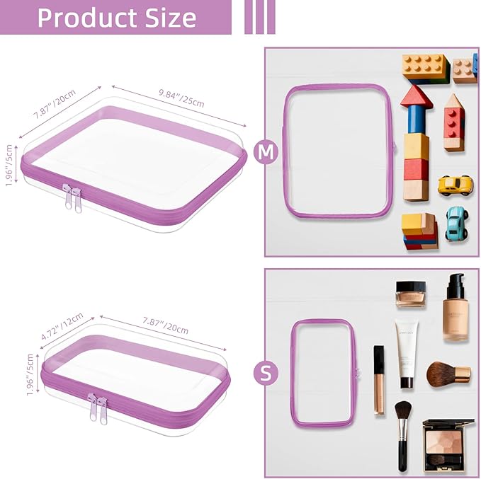 Topfinder Clear Hard Shell Zipper Case,Clear Toy Storage Pouch,Waterproof Transparent Organizer Cosmtic Case for Travel, Office, Home (Purple, M+2*S)