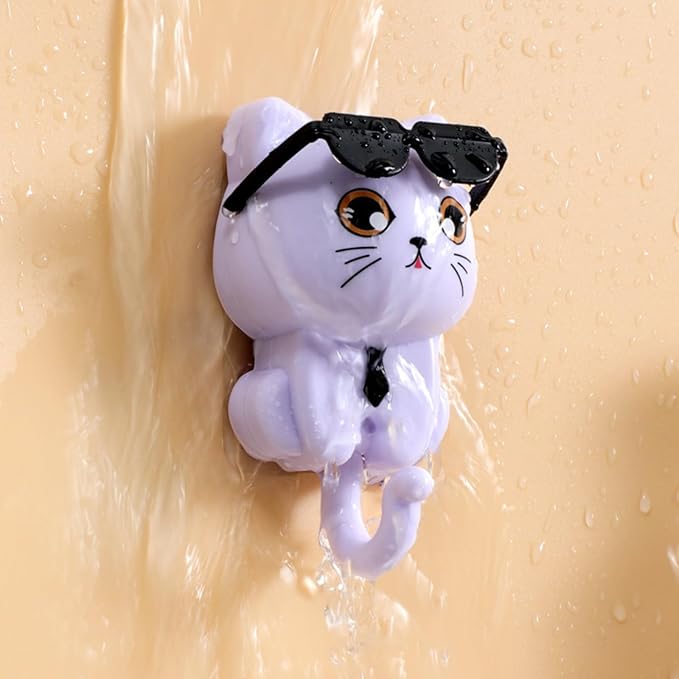 Cat Key Holder for Wall with Sunglasses, No Drill Adhesive Hooks 4 Pack for Keys, Hats, Coats & Towels, Cute Cartoon Cat Wall Decor for Apartment, Kitchen, Office and Bathroom Organization