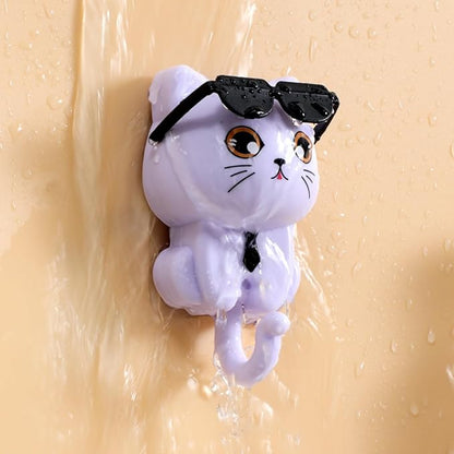 Cat Key Holder for Wall with Sunglasses, No Drill Adhesive Hooks 4 Pack for Keys, Hats, Coats & Towels, Cute Cartoon Cat Wall Decor for Apartment, Kitchen, Office and Bathroom Organization