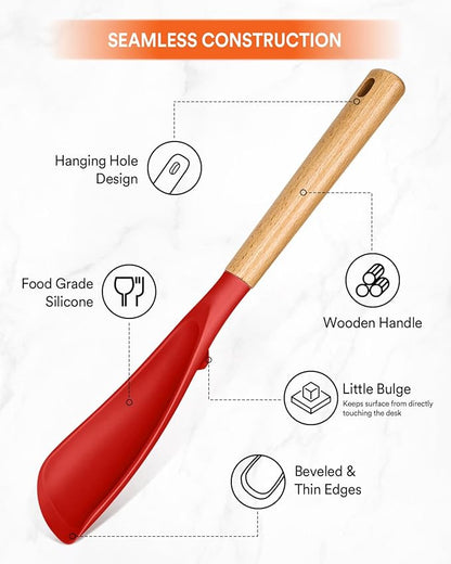 Cooking Spoon for Nonstick Cookwares, Great for Cooking and Serving Sturdy BPA-Free Matte Silicone, Wood Handle Spoon for Mixing, Scoop, and Scrape (RED, 13.4 inch)