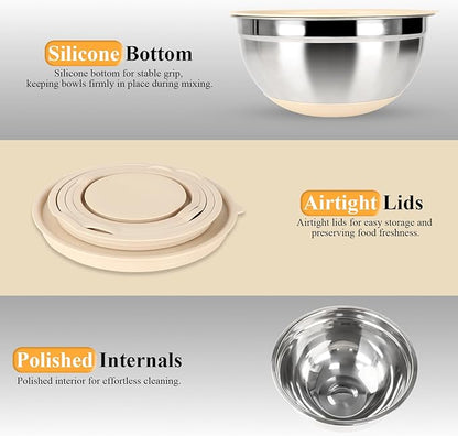 Mixing Bowls with Airtight Lids Set, 20 PCS Kitchen Gadgets Set, 6 Stainless Steel Bowls,3 Grater Attachments,Non-Slip Silicone Bottoms,Great for Serving&Baking,Size 5, 4, 3.5, 2.1, 1.5, 1.1QT (Khaki)