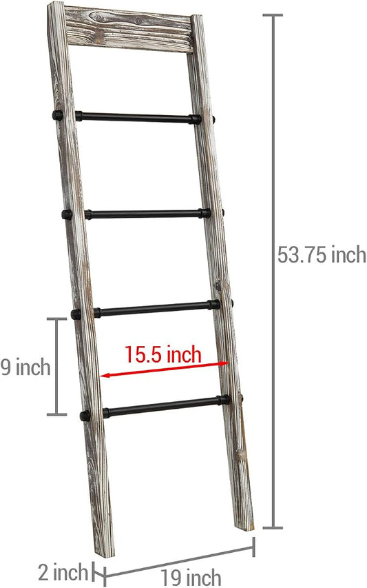 MyGift Blanket Ladder Wooden, Blanket Quilt Holder Rack Decorative Ladder with Metal Pipe Rungs, Easy Assembly, Rustic Farmhouse Ladder Shelf for The Living Room Bedroom Bathroom