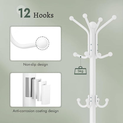 FAVOOSTY Coat Rack Freestanding,Coat Rack Stand with Umbrella Holder,Metal Coat Tree with 12 Hooks,Tree Clothes Hat for Entryway, Hallway, Bedroom, Living Room & Office -White