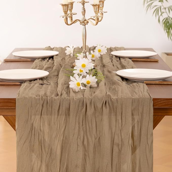 Socomi 3pcs Nude Brown Cheesecloth Table Runner Valentine's Day Boho Rustic Gauze 120 inch 10FT Cheese Cloth Runner for Wedding Party Baby Shower Birthday Home Decor Holiday Decorations