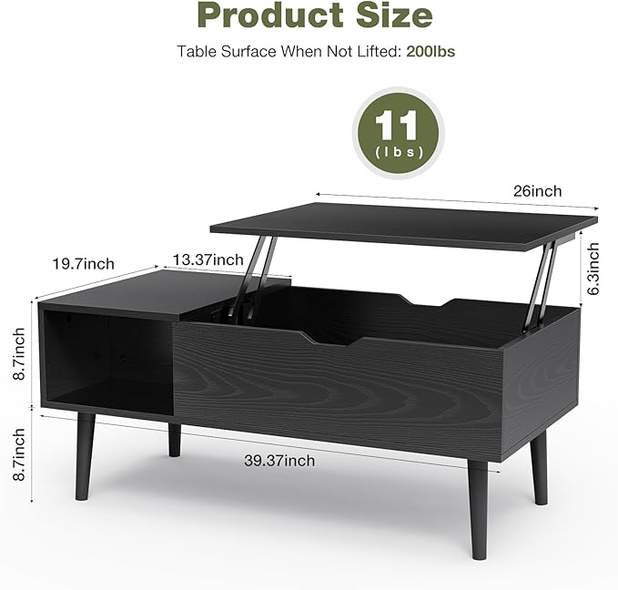 OLIXIS Wood Lift Top Coffee Table with Hidden Compartment and Large Storage Shelf, Lift Tabletop Dining Center Table for Home Living Room Office, Black
