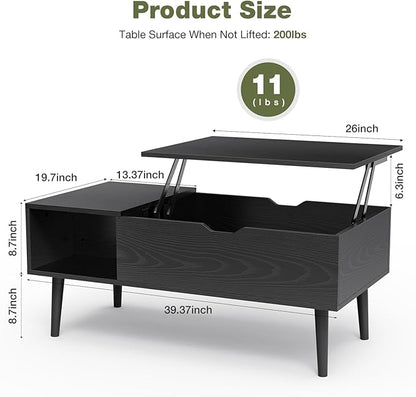 OLIXIS Wood Lift Top Coffee Table with Hidden Compartment and Large Storage Shelf, Lift Tabletop Dining Center Table for Home Living Room Office, Black