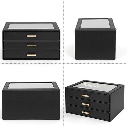 AKOZLIN Jewelry Box with Clear Lid Functional Leather Jewelry Storage Organizer Case 3 Drawers for Women Girls Necklace Ring Bracelet Earring