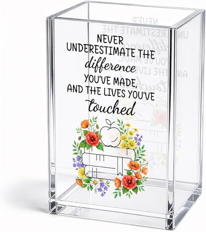 Never Underestimate The Difference You’ve Made Acrylic Pencil Holder Cup, Appreciation Gifts for Teacher, Home Office Desk Organizer, Floral Pen Holder for School Classroom, Teacher's Day Gifts