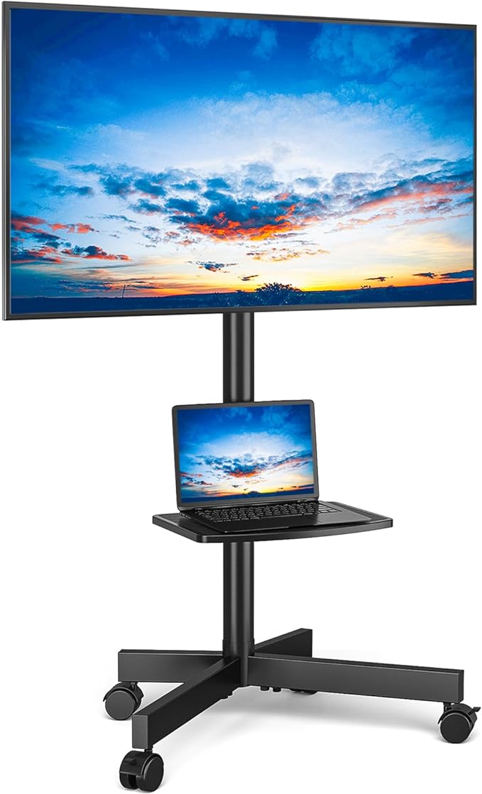 Rfiver Mobile TV Stand for 23-65 Inch LCD LED Flat/Curved Panel Screen TVs up to 88 lbs, Rolling TV Stand with Adjustable Shelf & Tilt, Portable Floor Stand on Wheels for Bedroom, Living Room, Office