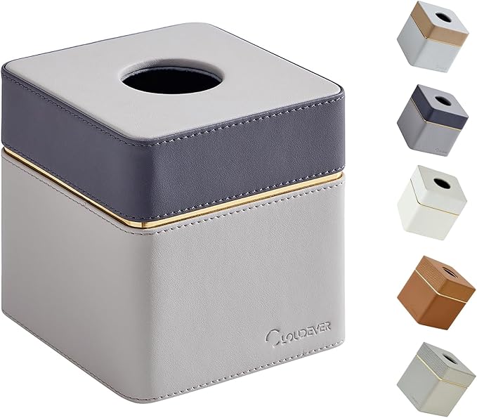 Cloudever Tissue Box Holder Cover Square, Modern PU Leather Decorative Tissue Cube Holder Organizer - Moon Grey
