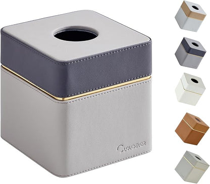 Cloudever Tissue Box Holder Cover Square, Modern PU Leather Decorative Tissue Cube Holder Organizer - Moon Grey