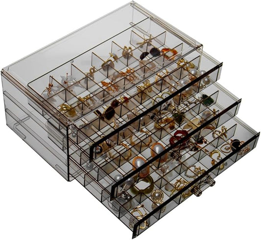 YUFONG Earring Storage Box Organizer 3 Drawers Acrylic Jewelry Storage Box Holder Transparent Jewelry Display Stand with 72 Small Compartments Gift for Women Girls (Clear Black)