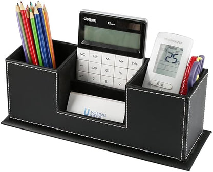 KINGFOM Office Supplies Desk Organizer PU Leather Storage Box 4 Divided Compartments for Pen Business Card Remote Control Mobile Phone Cosmetics Collection Holder (Black)