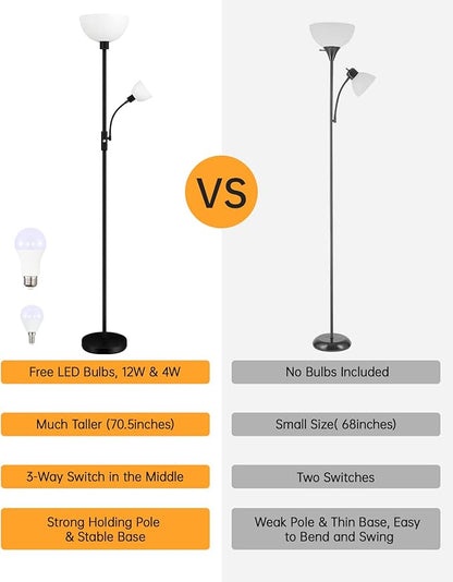 Floor Lamps for Living Room Black, 71" Tall Pole Bedroom Light, Bright Floor Lamp with Adjustable Reading Light, Simple Standing Lamp, White Plastic Lampshade, 3-Way Rotary Switch, Modern Mid-Century